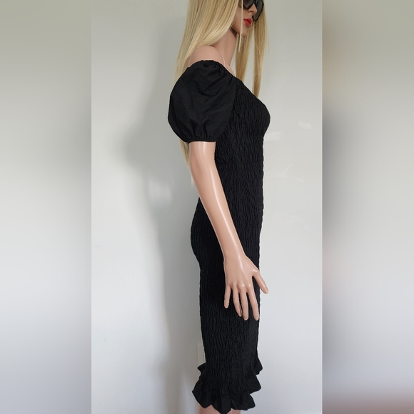 LULUS BLACK DRESS MIDI SMOCKED SMALL - Picture 9 of 12